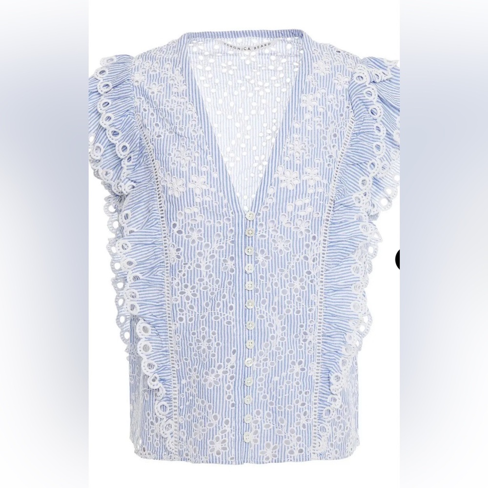 Veronica Beard Striped Blue and White Ruffle Blouse